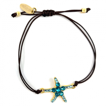 Ekaterini friendship bracelet, starfish, turquoise Swarovski crystals brown cord and with gold accents